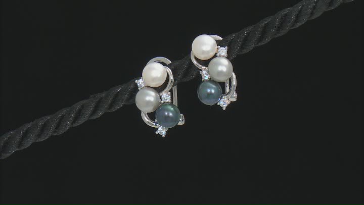 Multi-color Cultured Freshwater Pearl and White Cubic Zirconia Rhodium Over Sterling Silver Earrings Video Thumbnail