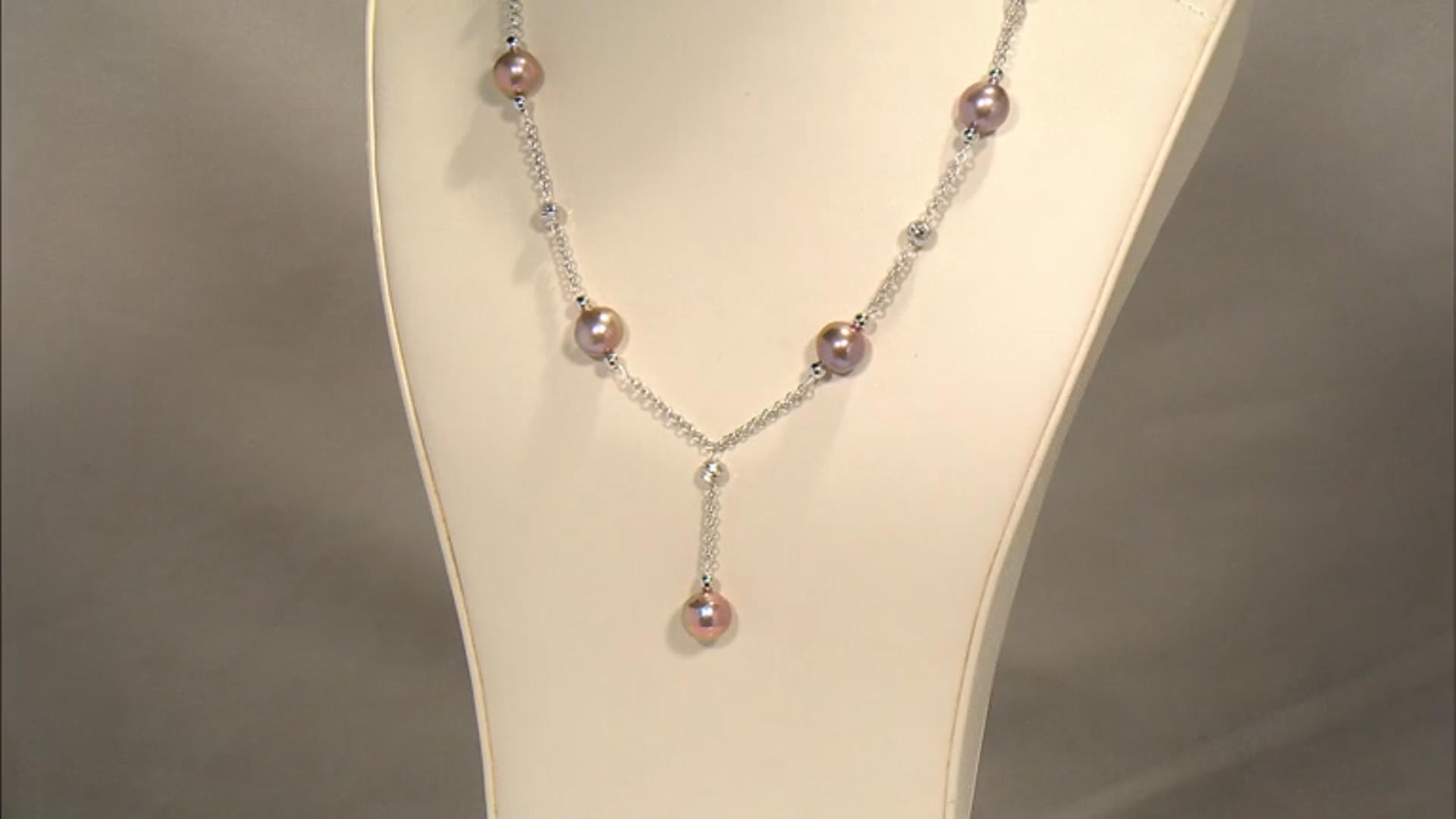 Multi-Color Cultured Kasumiga Pearl Rhodium Over Sterling Silver Station Necklace Video Thumbnail