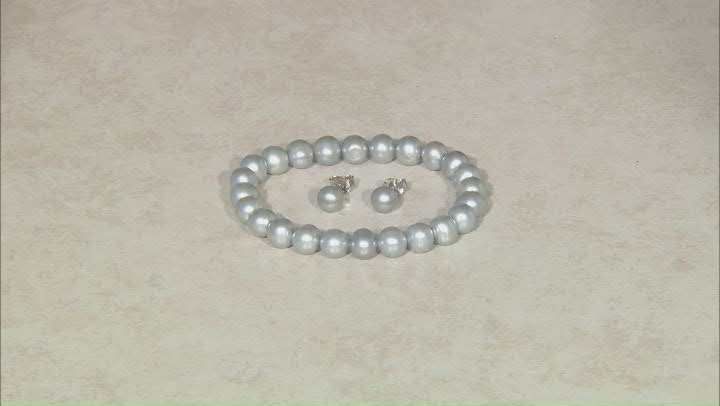 Platinum Cultured Freshwater Pearl Rhodium Over Sterling Stretch Bracelet And Stud Earring Set Video Thumbnail