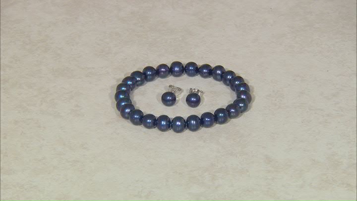 Black Cultured Freshwater Pearl Rhodium Over Sterling Silver Stretch Bracelet And Stud Earring Set Video Thumbnail