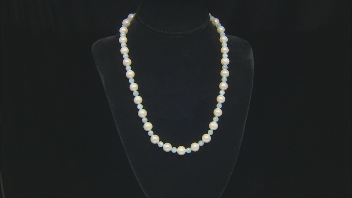 White Cultured Freshwater Pearl with Aquamarine Rhodium Over Sterling Silver Necklace Video Thumbnail