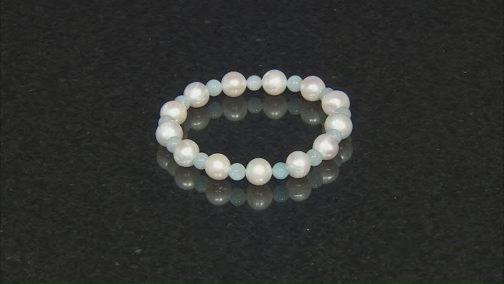White Cultured Freshwater Pearl with Aquamarine Stretch Bracelet Video Thumbnail