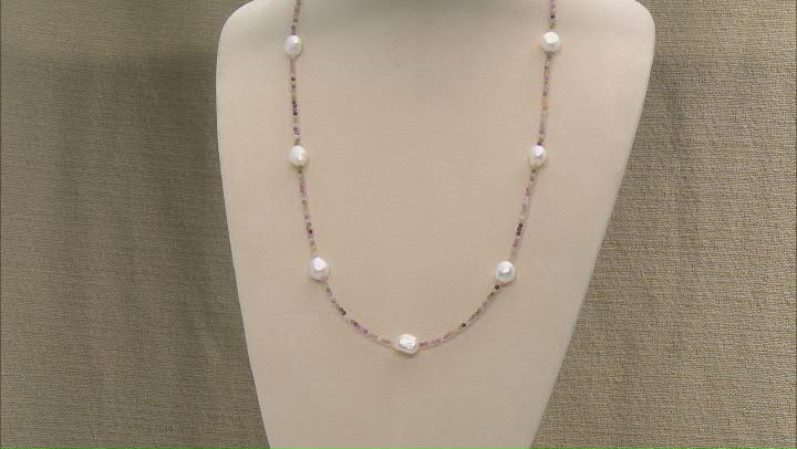 White Cultured Freshwater Pearl & Multi-Tourmaline Rhodium Over Sterling Silver Necklace Set Video Thumbnail