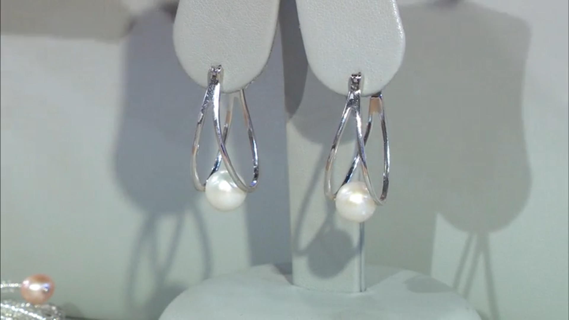 White Cultured Freshwater Pearl Rhodium Over Sterling Silver Double Hoop Earrings Video Thumbnail