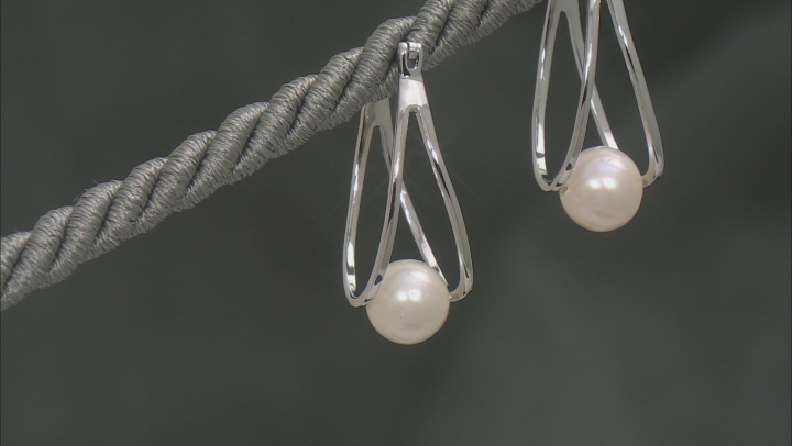 White Cultured Freshwater Pearl Rhodium Over Sterling Silver Double Hoop Earrings Video Thumbnail