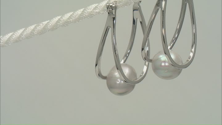 Platinum Cultured Freshwater Pearl Rhodium Over Sterling Silver Double Hoop Earrings Video Thumbnail