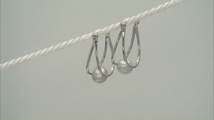 Platinum Cultured Freshwater Pearl Rhodium Over Sterling Silver Double Hoop Earrings Video Thumbnail