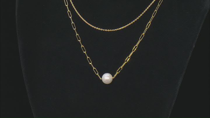 White Cultured Freshwater Pearl 18k Yellow Gold Over Sterling Silver Double Row Necklace Video Thumbnail