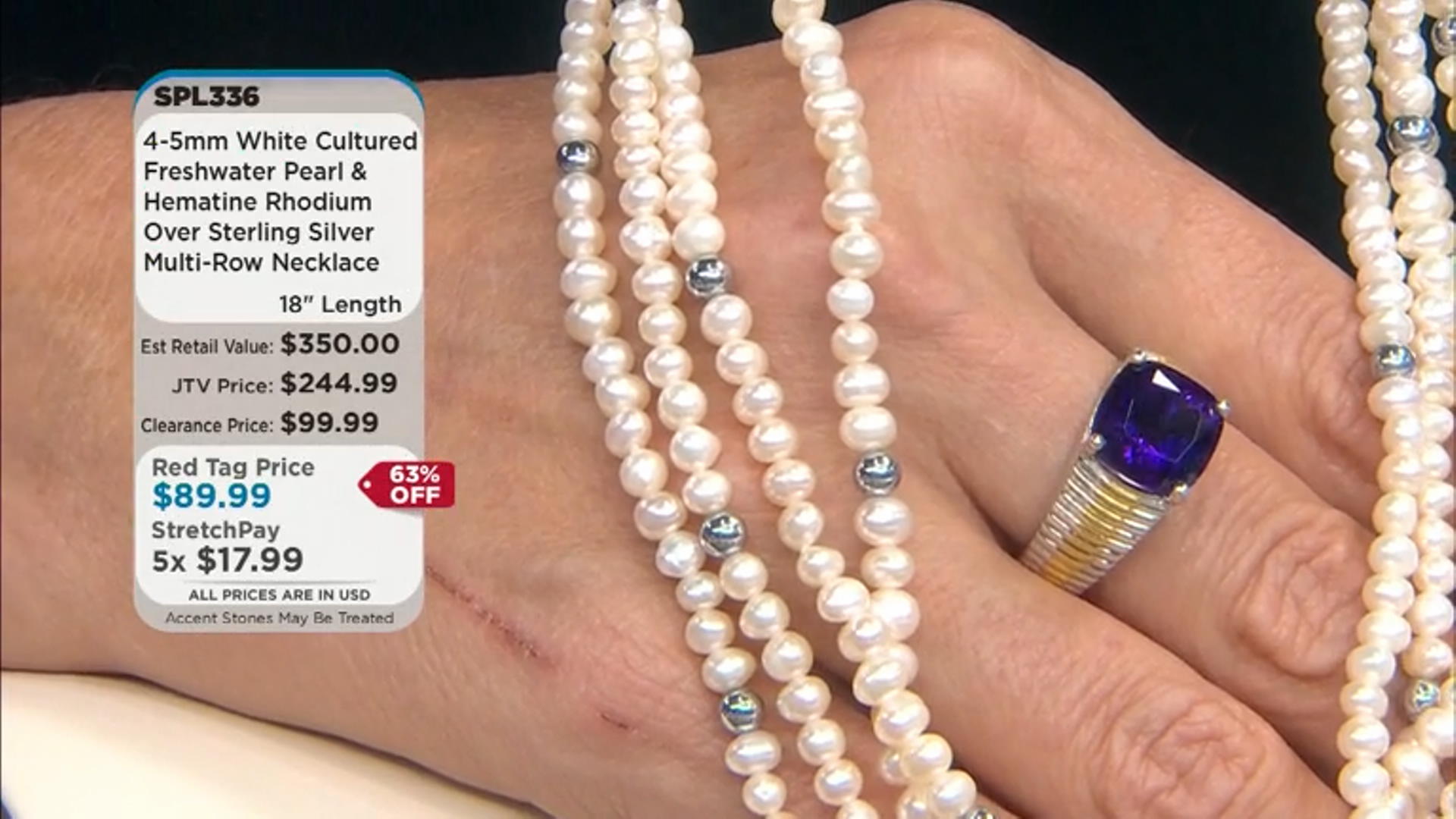 White Cultured Freshwater Pearl And Hematine Rhodium Over Sterling Silver Multi Row Necklace Video Thumbnail