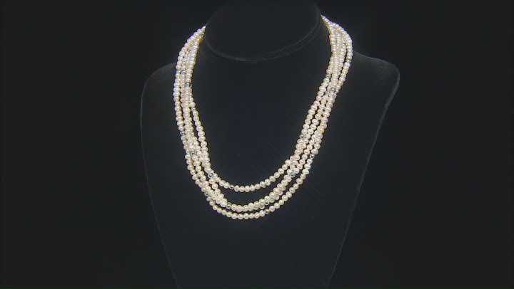 White Cultured Freshwater Pearl And Hematine Rhodium Over Sterling Silver Multi Row Necklace Video Thumbnail
