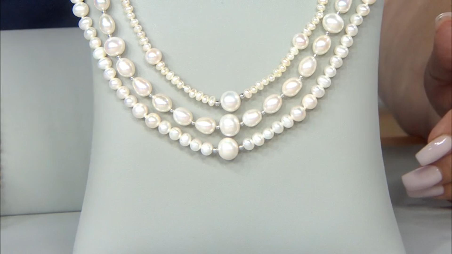 White Cultured Freshwater Pearl Rhodium Over Sterling Silver Triple Row 20 Inch Necklace Video Thumbnail