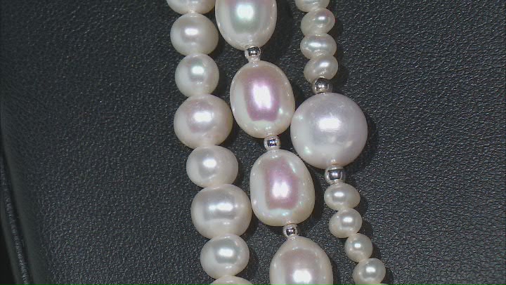 White Cultured Freshwater Pearl Rhodium Over Sterling Silver Triple Row 20 Inch Necklace Video Thumbnail