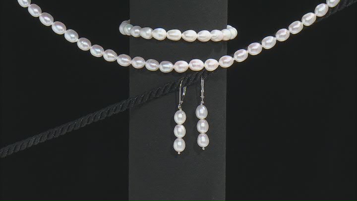 White Cultured Freshwater Pearl Rhodium Over Sterling Silver Necklace, Bracelet, and Earring Set Video Thumbnail