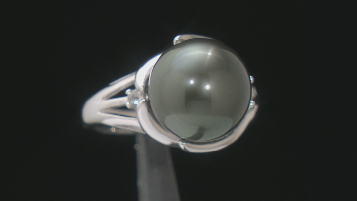 Cultured Tahitian Pearl With White Topaz Rhodium Over Sterling Silver Ring Video Thumbnail