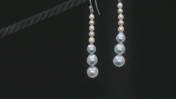 Multi-Color Cultured Akoya Pearl Rhodium Over Sterling Silver Graduated Earrings Video Thumbnail