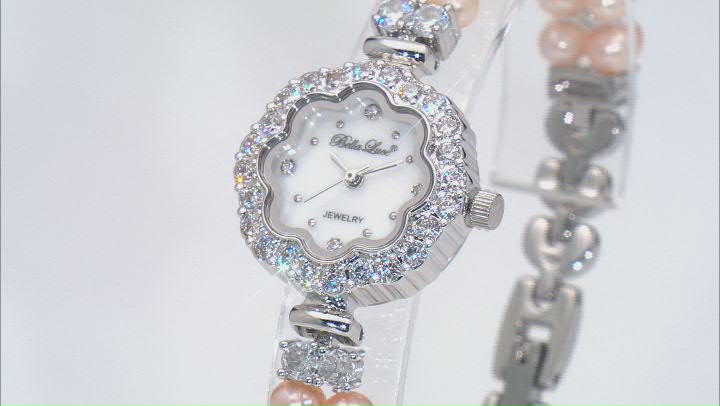 Peach Cultured Freshwater Pearl & Cubic Zirconia Rhodium Over Brass Wrist Watch Video Thumbnail