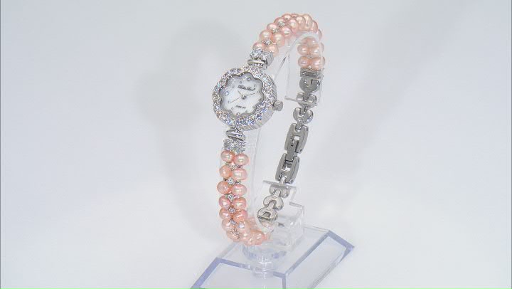 Peach Cultured Freshwater Pearl & Cubic Zirconia Rhodium Over Brass Wrist Watch Video Thumbnail