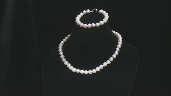 White Cultured Freshwater Pearl Rhodium Over Sterling Silver Necklace And Bracelet Set Video Thumbnail