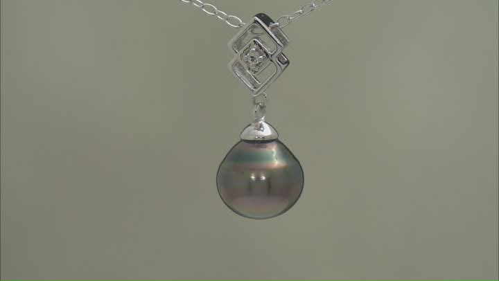 Cultured Tahitian Pearl and White Topaz Rhodium Over Sterling Silver Pendant and Chain Video Thumbnail