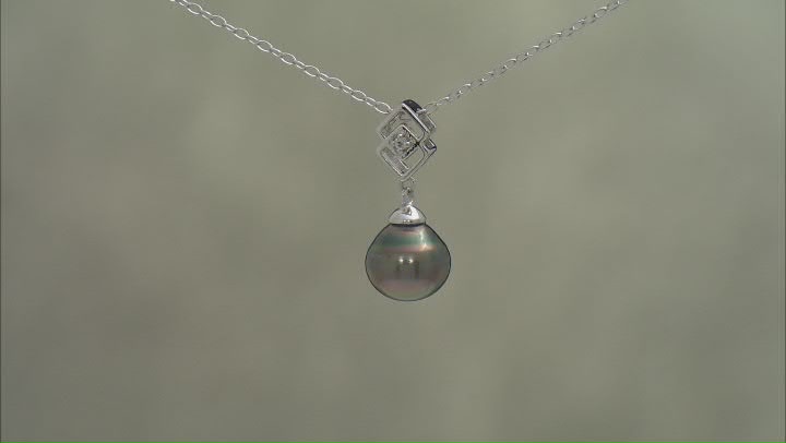 Cultured Tahitian Pearl and White Topaz Rhodium Over Sterling Silver Pendant and Chain Video Thumbnail