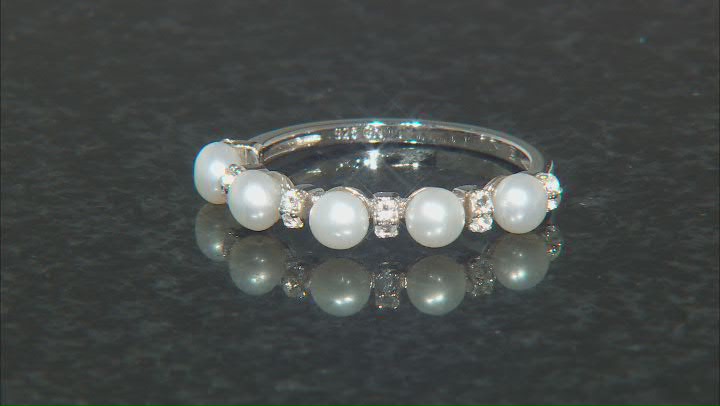 White Cultured Freshwater Pearl And White Topaz Rhodium Over Sterling Silver Ring Video Thumbnail