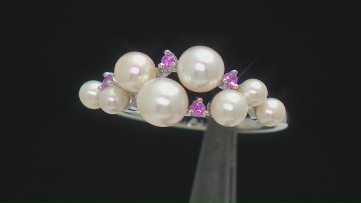 White Cultured Freshwater Pearl And Pink Sapphire Rhodium Over Sterling Silver Ring Video Thumbnail