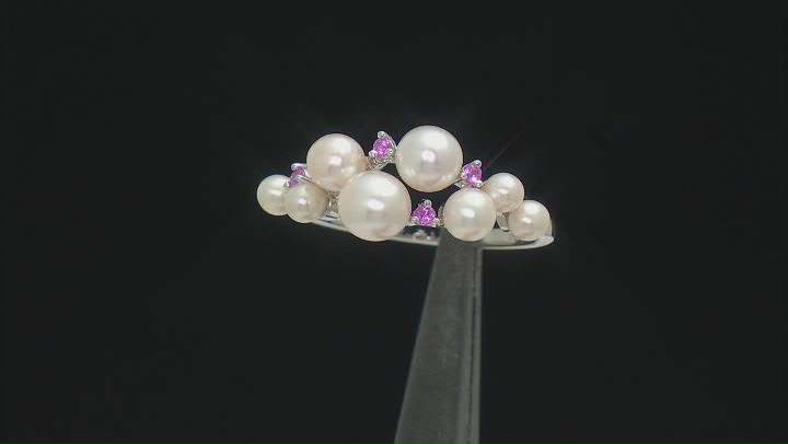 White Cultured Freshwater Pearl And Pink Sapphire Rhodium Over Sterling Silver Ring Video Thumbnail