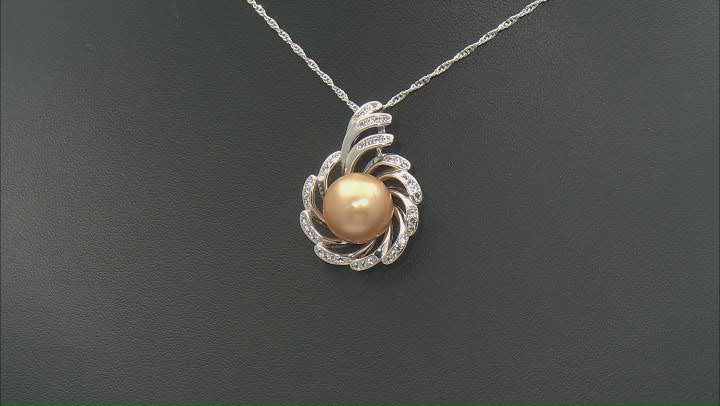 Golden Cultured South Sea Pearl And White Topaz Accents Rhodium Over Sterling Silver Pendant Video Thumbnail