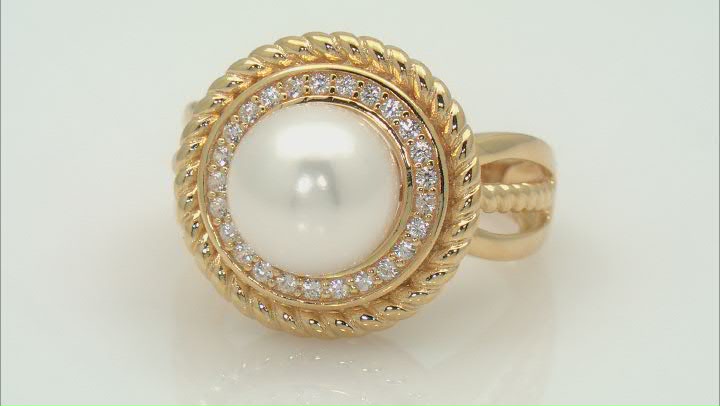 White Cultured Freshwater Pearl And White Zircon 18k Yellow Gold Over Sterling Silver Ring Video Thumbnail