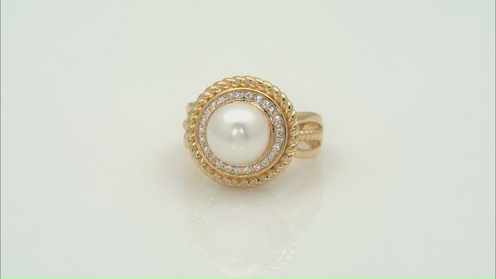 White Cultured Freshwater Pearl And White Zircon 18k Yellow Gold Over Sterling Silver Ring Video Thumbnail