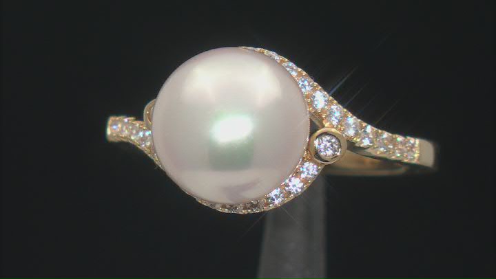 White Cultured Freshwater Pearl and White Zircon 18k Yellow Gold Over Sterling Silver Ring Video Thumbnail