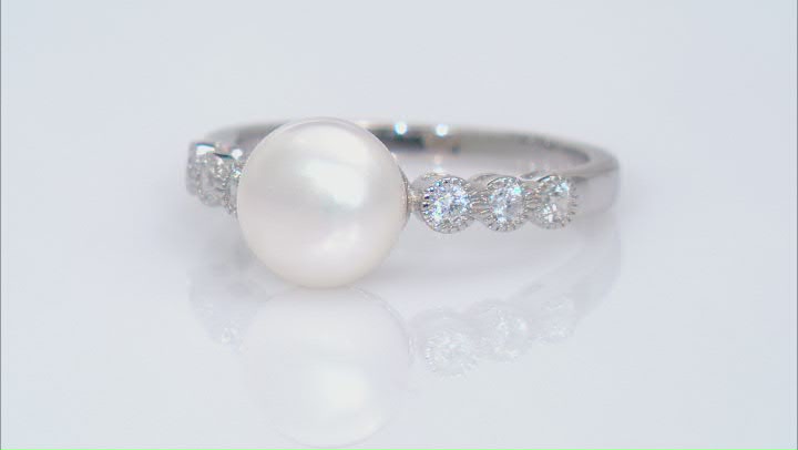 White Cultured Freshwater Pearl and Cubic Zirconia Rhodium Over Sterling Silver Ring Video Thumbnail