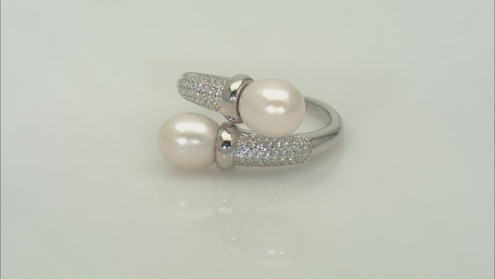 White Cultured Freshwater Pearl and White Cubic Zirconia Rhodium Over Sterling Silver Ring Video Thumbnail