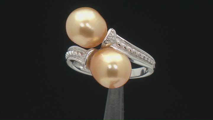 Golden Cultured South Sea Pearl Rhodium Over Sterling Silver Ring Video Thumbnail
