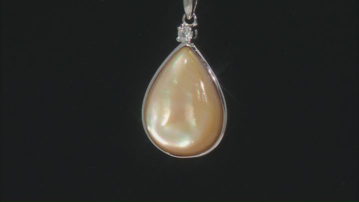 Golden South Sea Mother-of-Pearl and White Zircon Accent Rhodium Over Silver Pendant with Chain Video Thumbnail