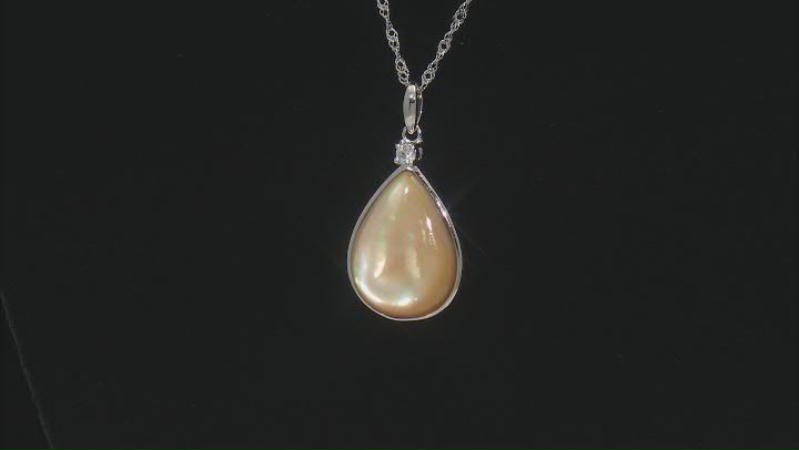 Golden South Sea Mother-of-Pearl and White Zircon Accent Rhodium Over Silver Pendant with Chain Video Thumbnail