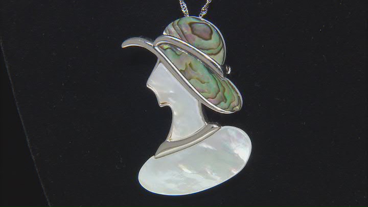 White Mother-of-Pearl and Abalone Shell Rhodium Over Sterling Silver Pendant Brooch with Chain Video Thumbnail