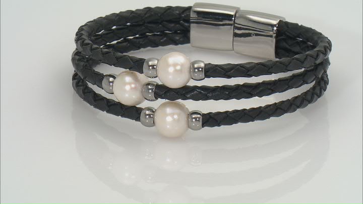 White Cultured Freshwater Pearl Imitation Leather And Silver Tone Wrap Bracelet Video Thumbnail