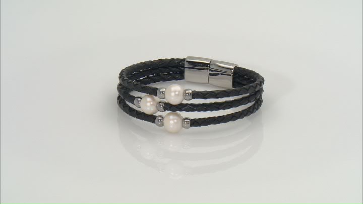 White Cultured Freshwater Pearl Imitation Leather And Silver Tone Wrap Bracelet Video Thumbnail