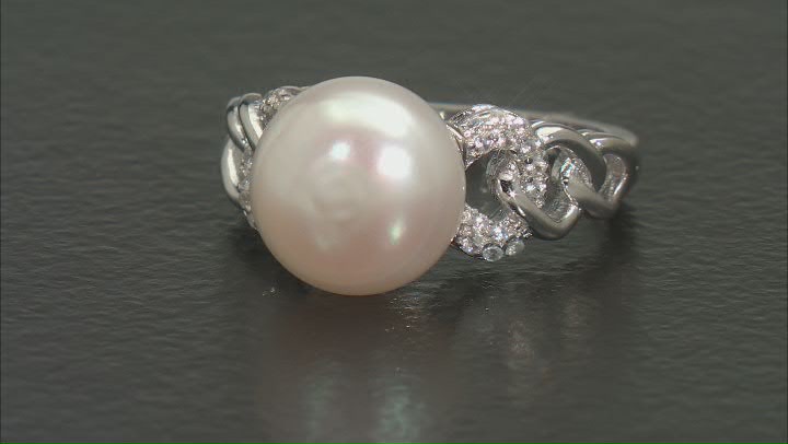 White Cultured Freshwater Pearl and White Zircon Accents Rhodium Over Sterling Silver Ring Video Thumbnail