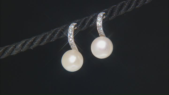 White Cultured Freshwater Pearl and White Zircon Accents Rhodium Over Sterling Silver Earrings Video Thumbnail