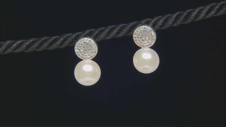 White Cultured Freshwater Pearl and White Topaz Rhodium Over Sterling Silver Earrings Video Thumbnail