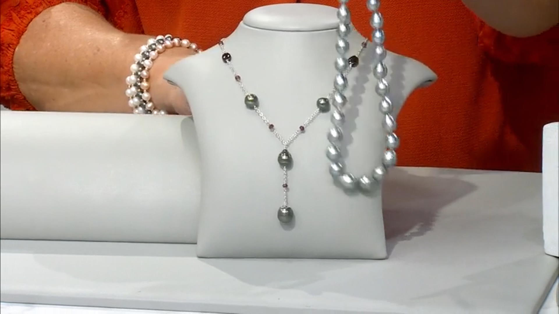 Black Cultured Tahitian Pearl and Garnet Rhodium Over Sterling Silver Station Necklace Video Thumbnail