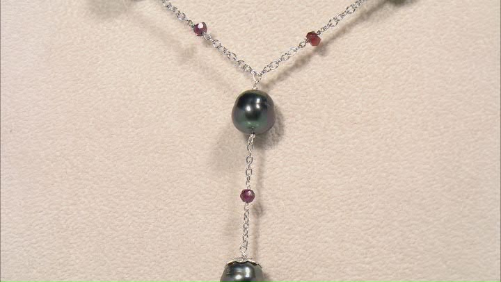 Black Cultured Tahitian Pearl and Garnet Rhodium Over Sterling Silver Station Necklace Video Thumbnail