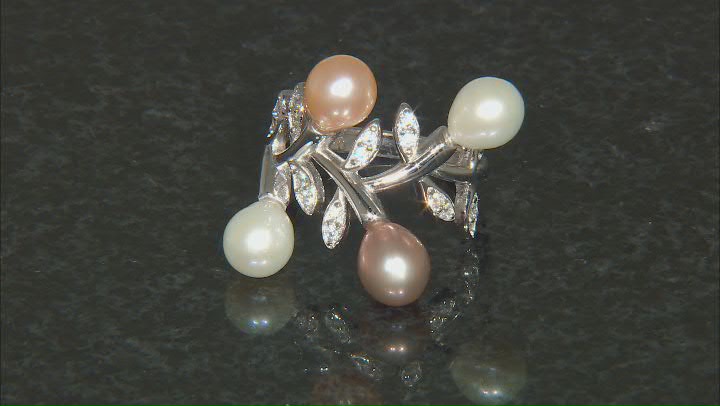 Multi-Color Cultured Freshwater Pearl and Bella Luce® Cubic Zirconia Rhodium Over Sterling Ring Video Thumbnail