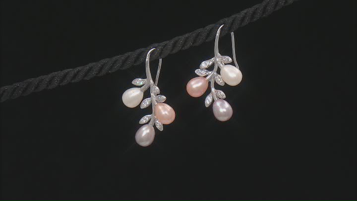Multi-Color Cultured Freshwater Pearl & Cubic Zirconia Rhodium Over Sterling Earrings Video Thumbnail