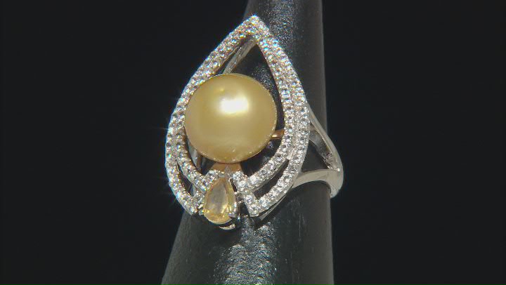 Golden Cultured South Sea Pearl, Citrine & White Topaz Rhodium Over Sterling Silver Ring 3.40ctw Video Thumbnail