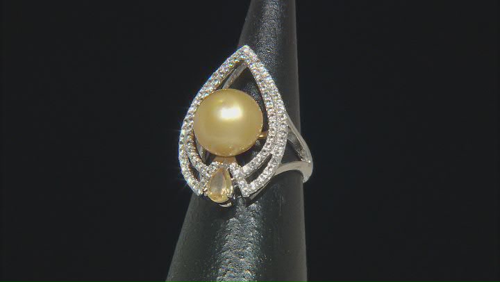 Golden Cultured South Sea Pearl, Citrine & White Topaz Rhodium Over Sterling Silver Ring 3.40ctw Video Thumbnail