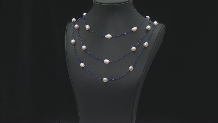 White Cultured Freshwater Pearl and Lapis Lazuli Rhodium Over Sterling Silver Necklace Set of 3 Video Thumbnail