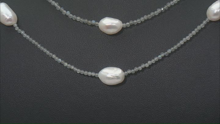 White Cultured Freshwater Pearl and Grey Labradorite Rhodium Over Silver Necklace Set of 3 Video Thumbnail